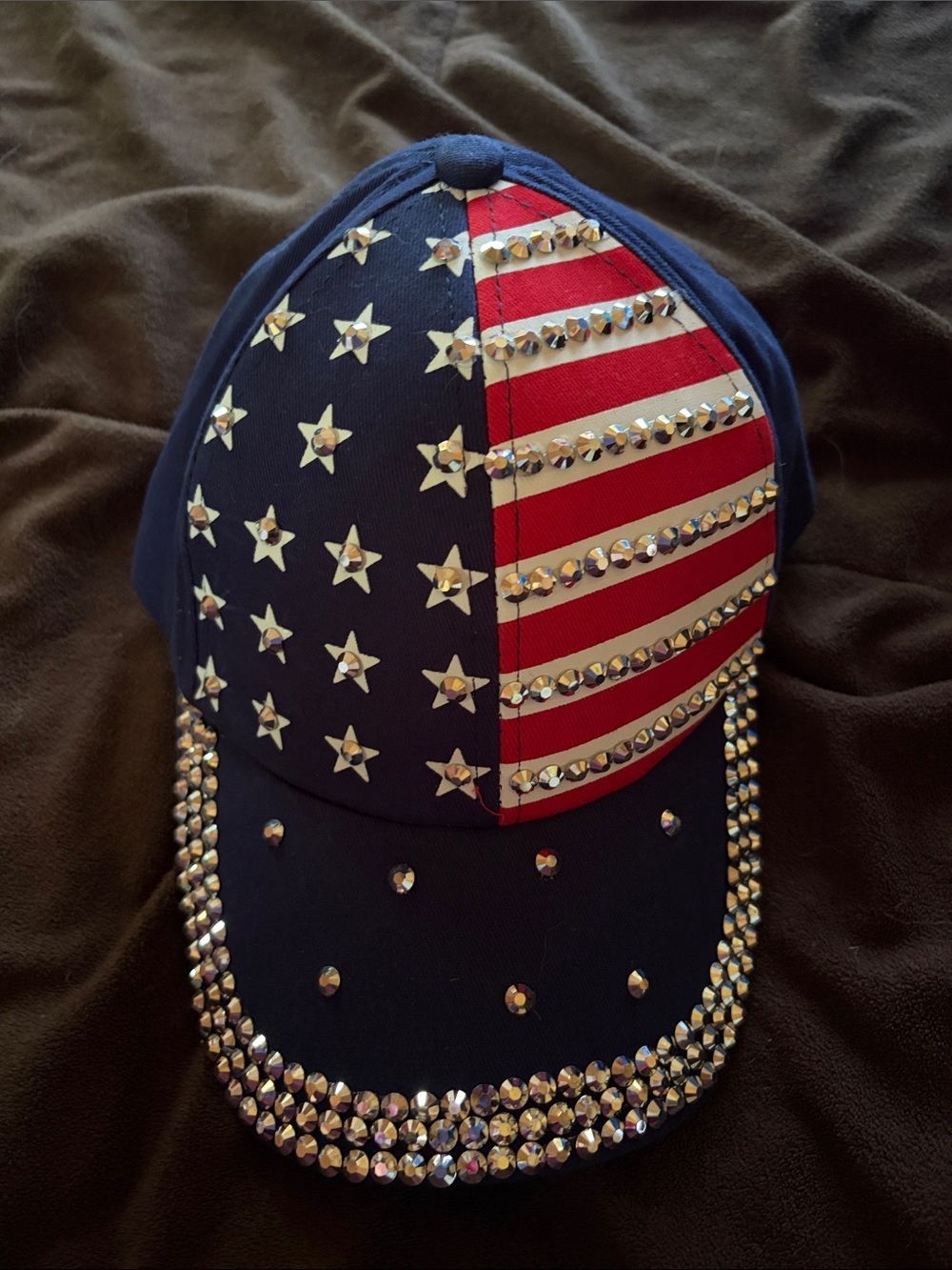 Women’s Crystal American Flag Baseball Cap - Navy Blue with sparkles